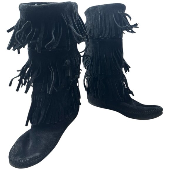 Minnetonka Boot Women 7 Black Suede Mid Calf 3 Tier Fringe moccasin boho Festiva - Picture 7 of 16